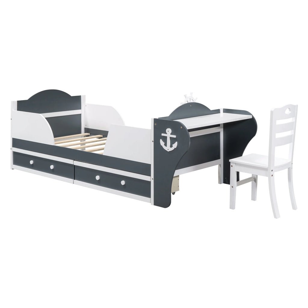 White Gray Twin Size Platform Bed with Two Drawers H973536