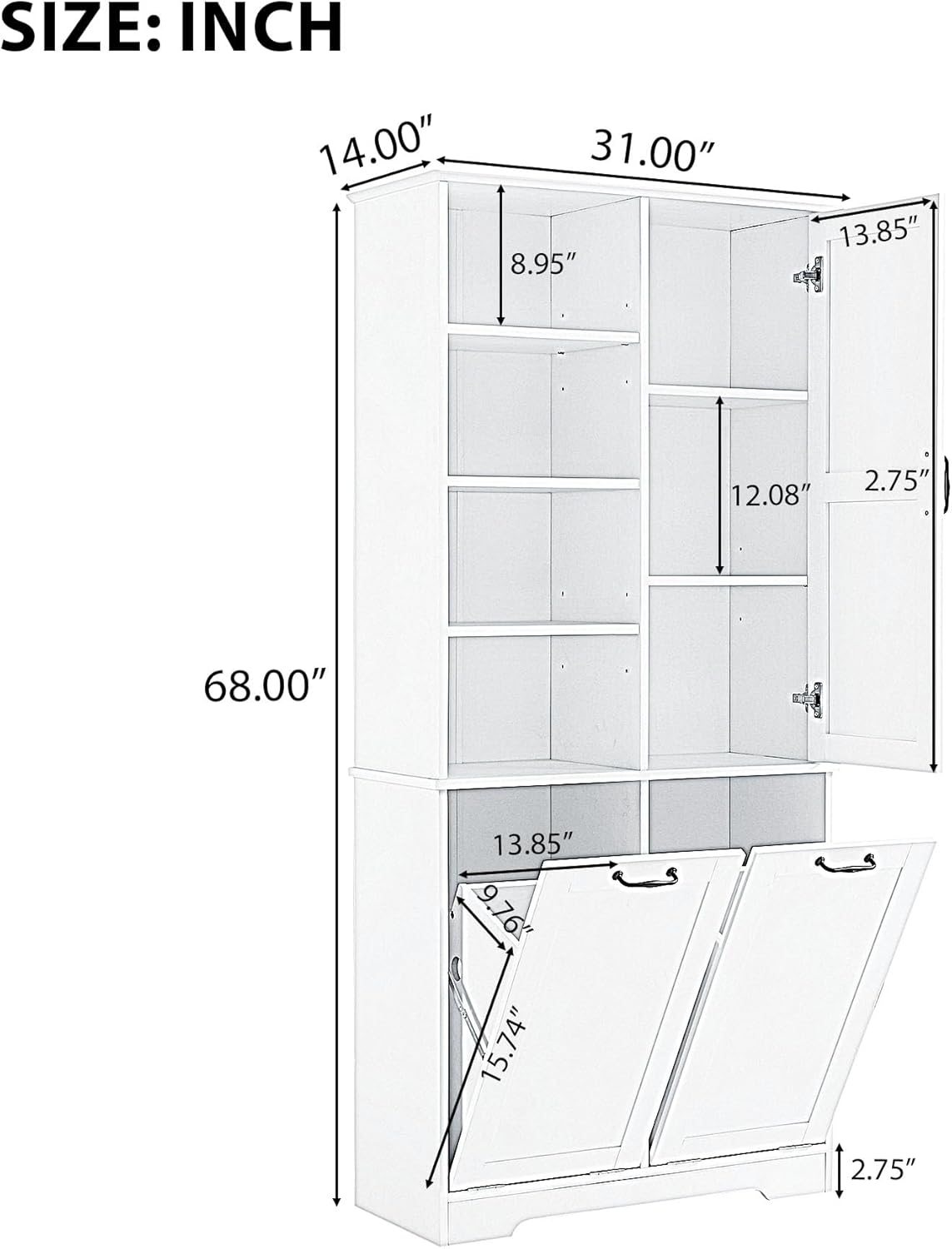 White Tall Bathroom Storage Cabinet with Laundry Hamper G1606