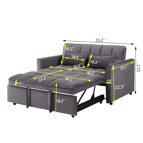 55.1" Blue Velvet Convertible Double Sleeper Sofa Bed M659733