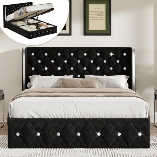 Black Velvet Full Size Lift Up Storage Bed Frame Y270023