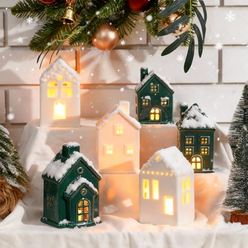 6 Pcs Ceramic LED Lighted Christmas Village Houses Green and White F2188