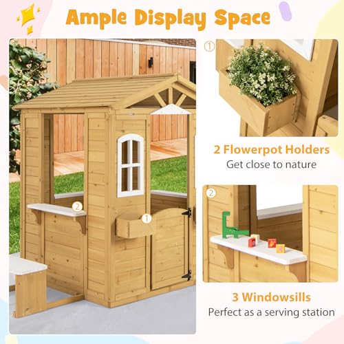 Fir Wood Outdoor Playhouse with Bench, Mailbox, Fence, Windows & Door P625210