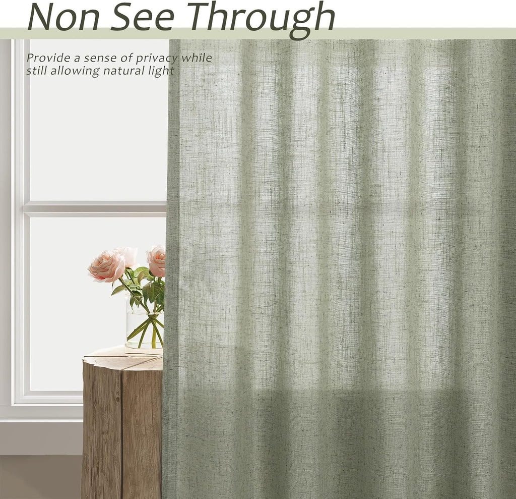 Sage Green Semi Sheer Linen Curtains 84 Inch Length 2 Panels Set Back Pocket 52x84 X56314