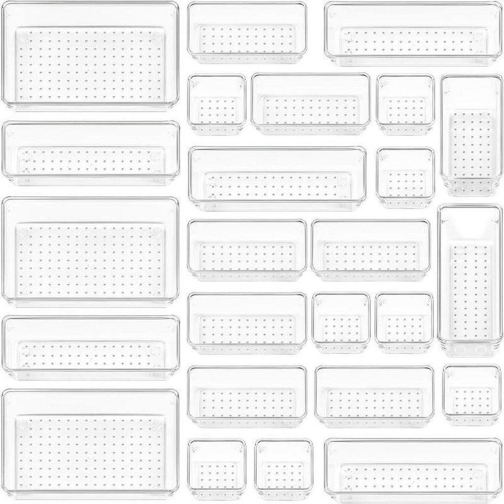 25 Count Clear Plastic Drawer Organizers Set, 4-Size Storage Bins G761
