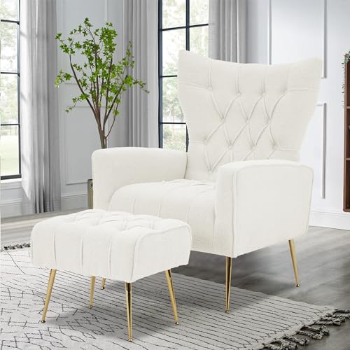 White Upholstered Boucle High Wingback Armchair with Gold Metal Legs Y66982