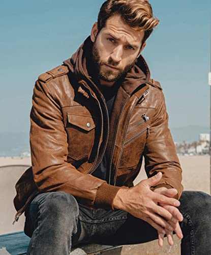 Brown Leather Motorcycle Jacket with Removable Hood G595560