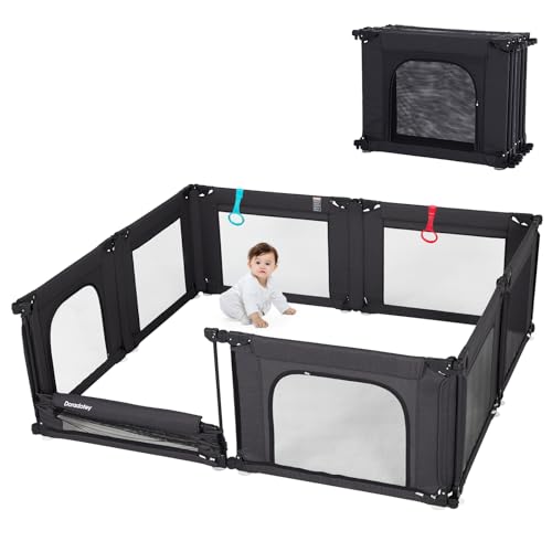 Black Adjustable Large Baby Playpen with Breathable Mesh O58538
