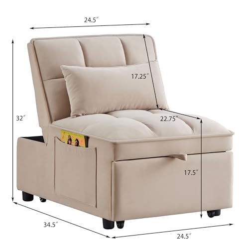 4-in-1 Folding Velvet Sleeper Chair Bed with Storage Pockets R1024