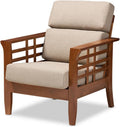 Cherry Finished Brown Wood and Dark Beige Fabric High Back 1-Seater Lounge Chair W56091