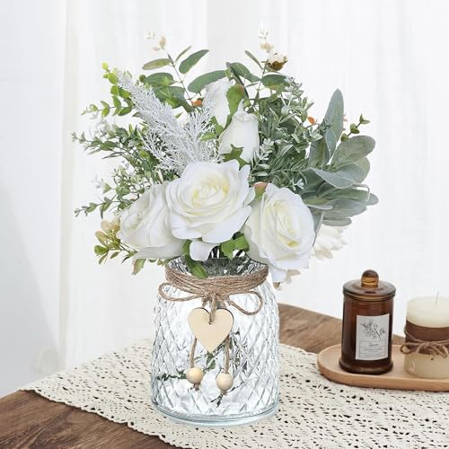 Artificial Flowers with Vase, Silk Hydrangea Flower Bouquet, Faux Flower Arrangement (White) Q44750