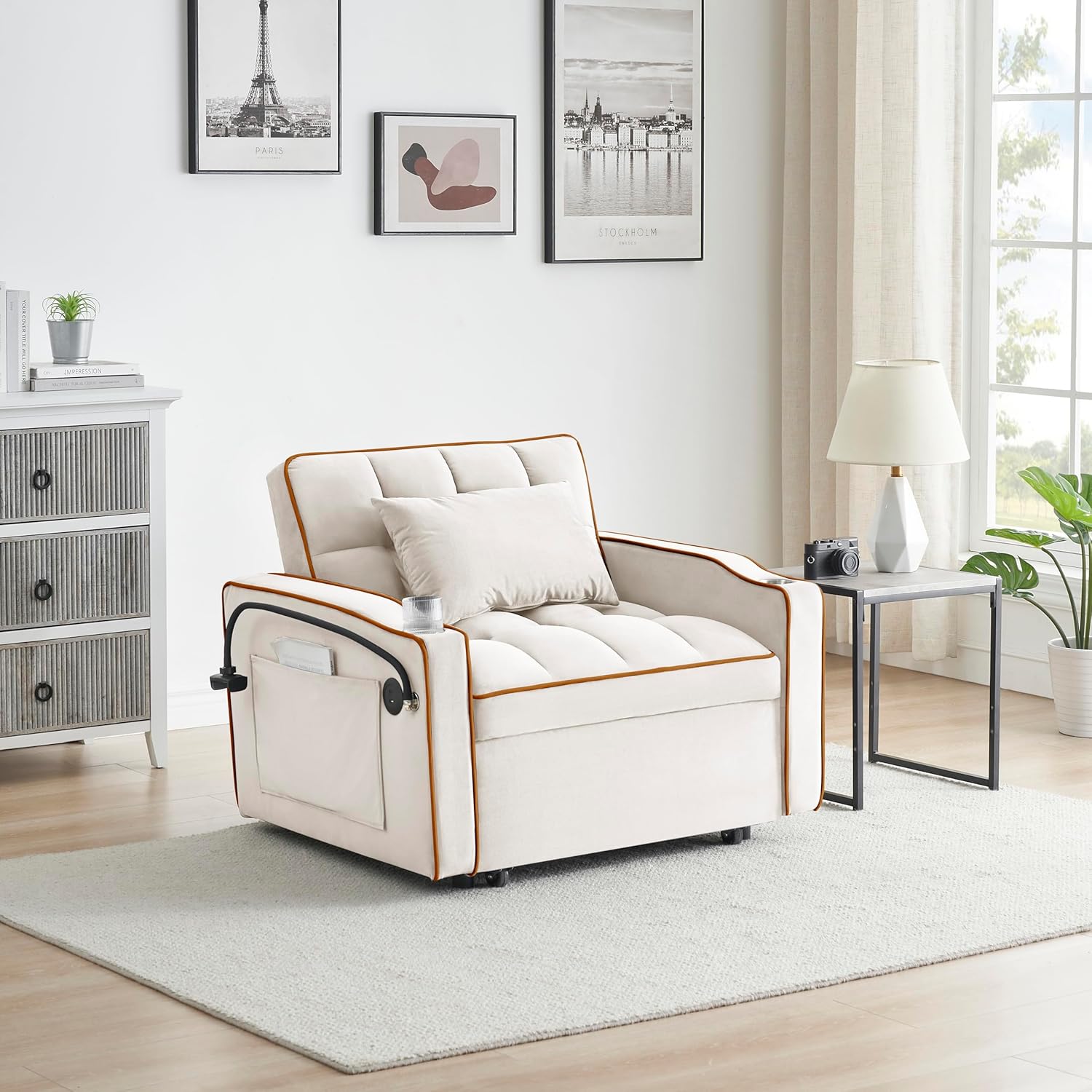 Twin Size Pull Out Sofa Bed Chair, Velvet Convertible Sleeper Chair Bed S634