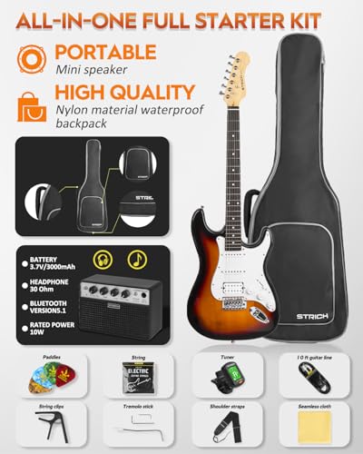 39" Full Size Electric Guitar HSS Pick Up with 10W Amp, Bag, Digital Tuner, Capo, Strap, String, Cable, Picks J817