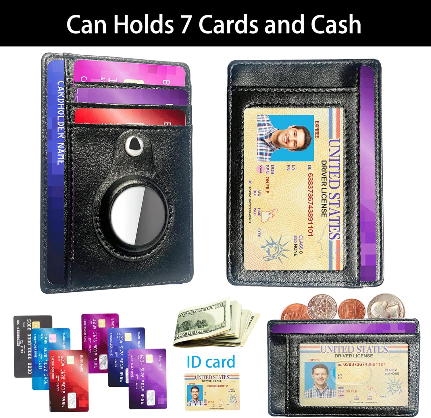 Black Leather Slim Card Holder Wallet with Keychain (2 Pack) N140483