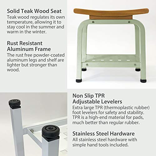 Teak & Aluminum Shower Bench with Storage Shelf I874