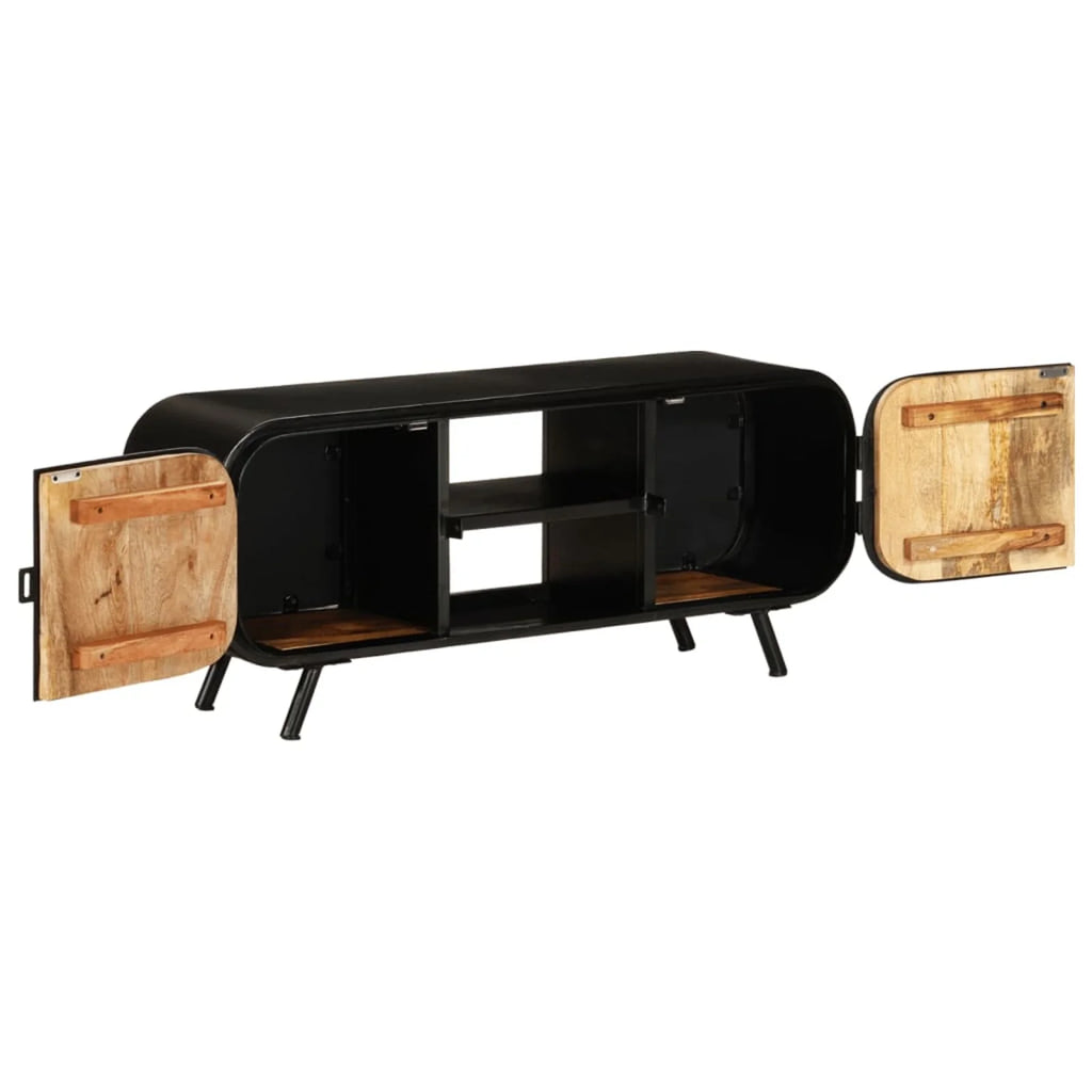 TV Stand with 2 Compartments and 2 Storage Shelves Rough Mango Wood Iron Legs E657