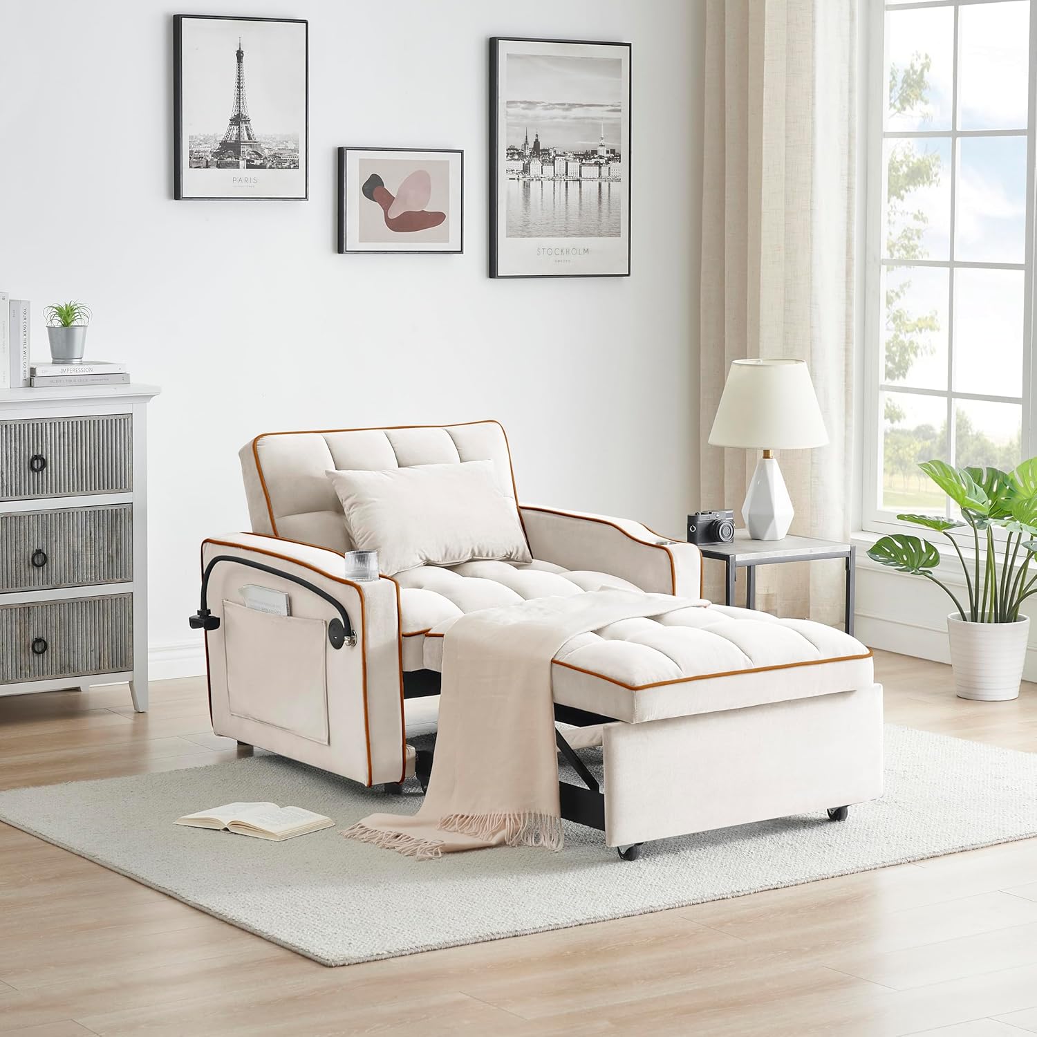Twin Size Pull Out Sofa Bed Chair, Velvet Convertible Sleeper Chair Bed S634