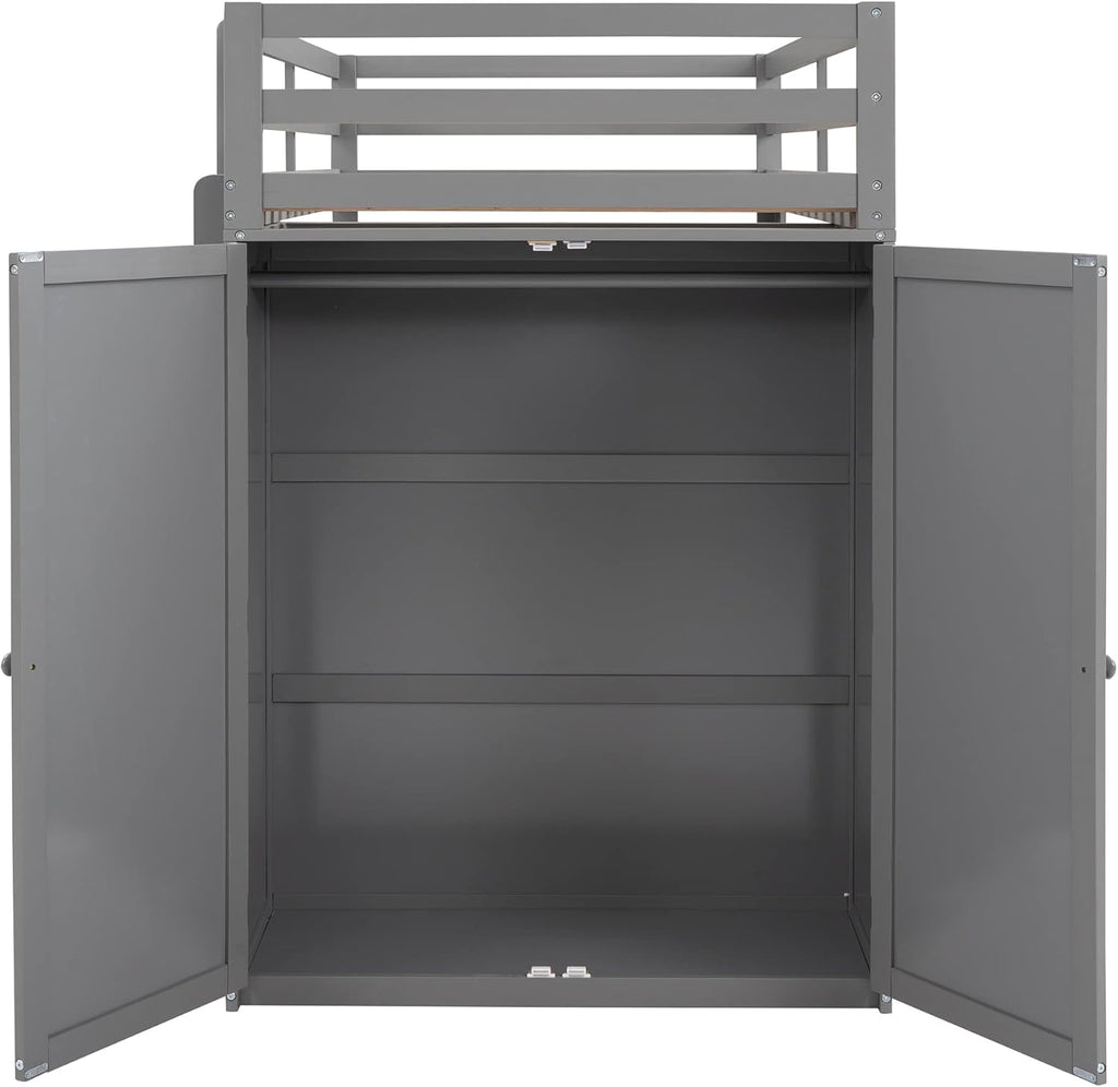 Gray Twin Loft Bed with Desk, 3 Drawers, and Wardrobe I899