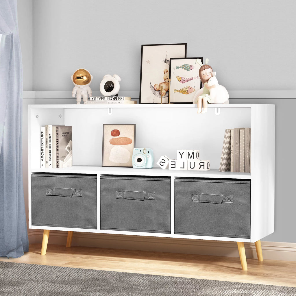 White Kid's Toy Storage Cabinet with Collapsible Fabric Drawers E48337