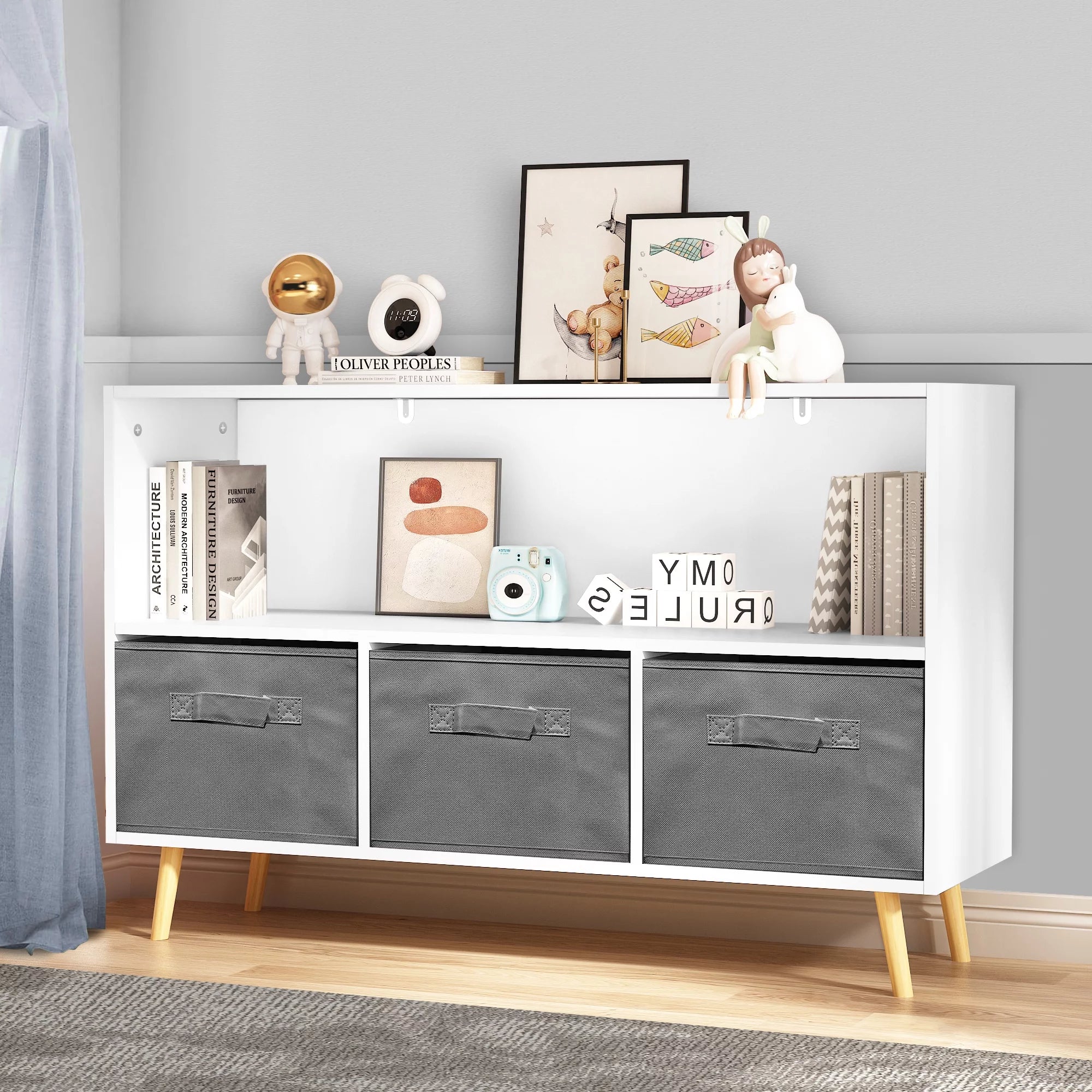 White Kid's Toy Storage Cabinet with Collapsible Fabric Drawers E48337