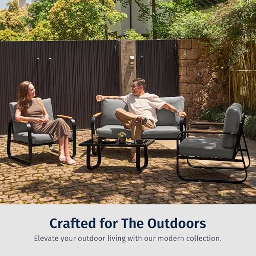 4-Piece Outdoor Patio Set with Sofa, Tempered Glass Table, Black & Dark Grey X598