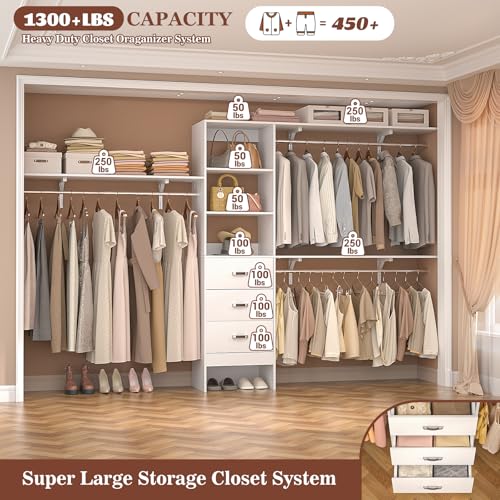 120 Inches Closet System with 3 Shelving Towers, Heavy Duty Clothes Rack with 3 Drawers, White Oak T1744