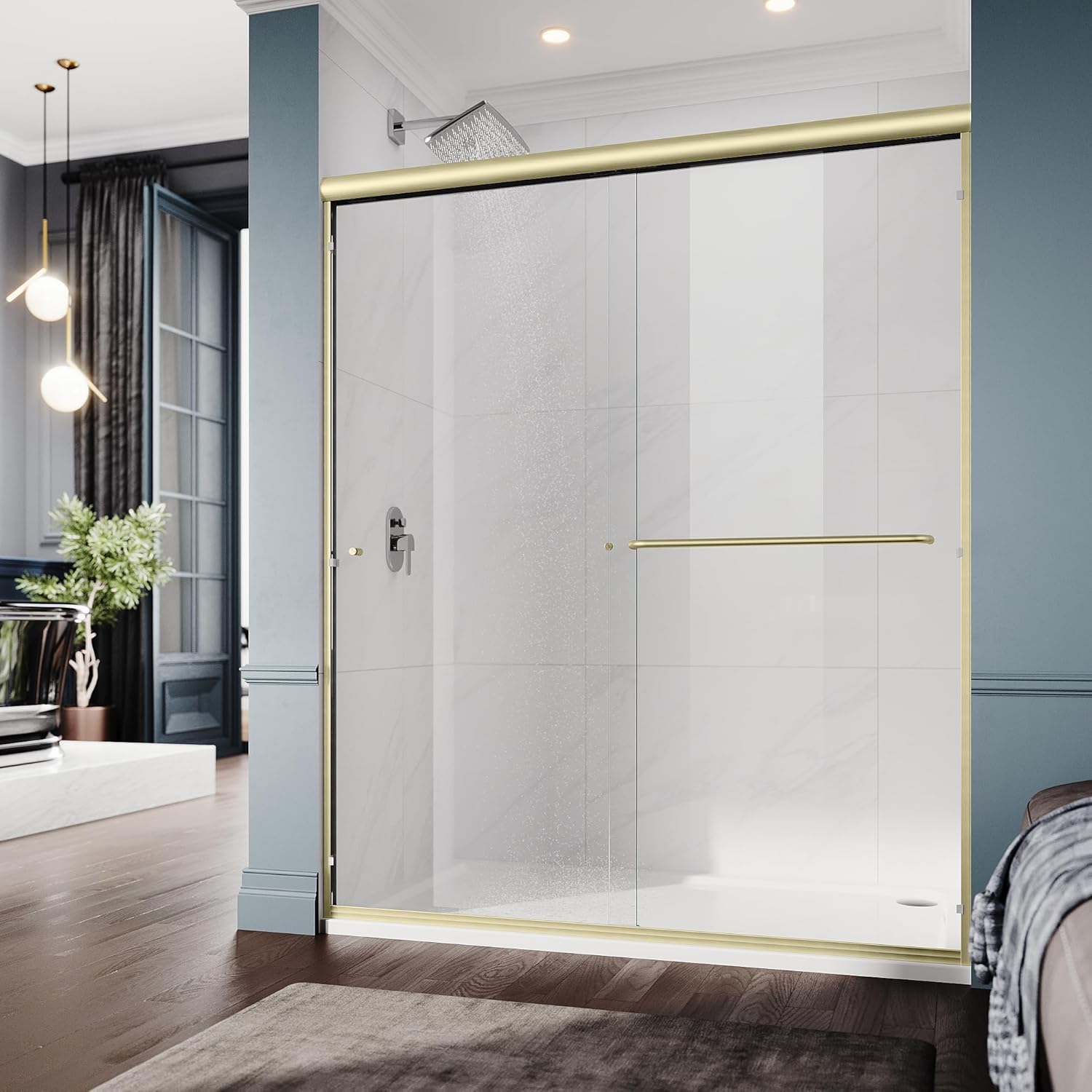 60 in. W x 72 in. H Double Sliding Semi-Frameless Shower Door, 1/4" Clear Tempered Glass, Brushed Gold Finish X95852