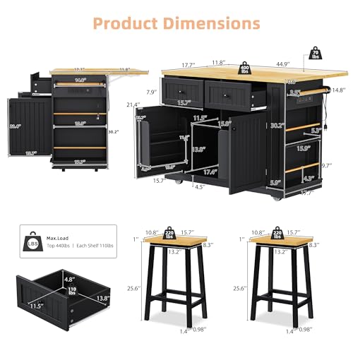 Black 48-inch Rolling Kitchen Island with Drop Leaf & Power Outlet K1369