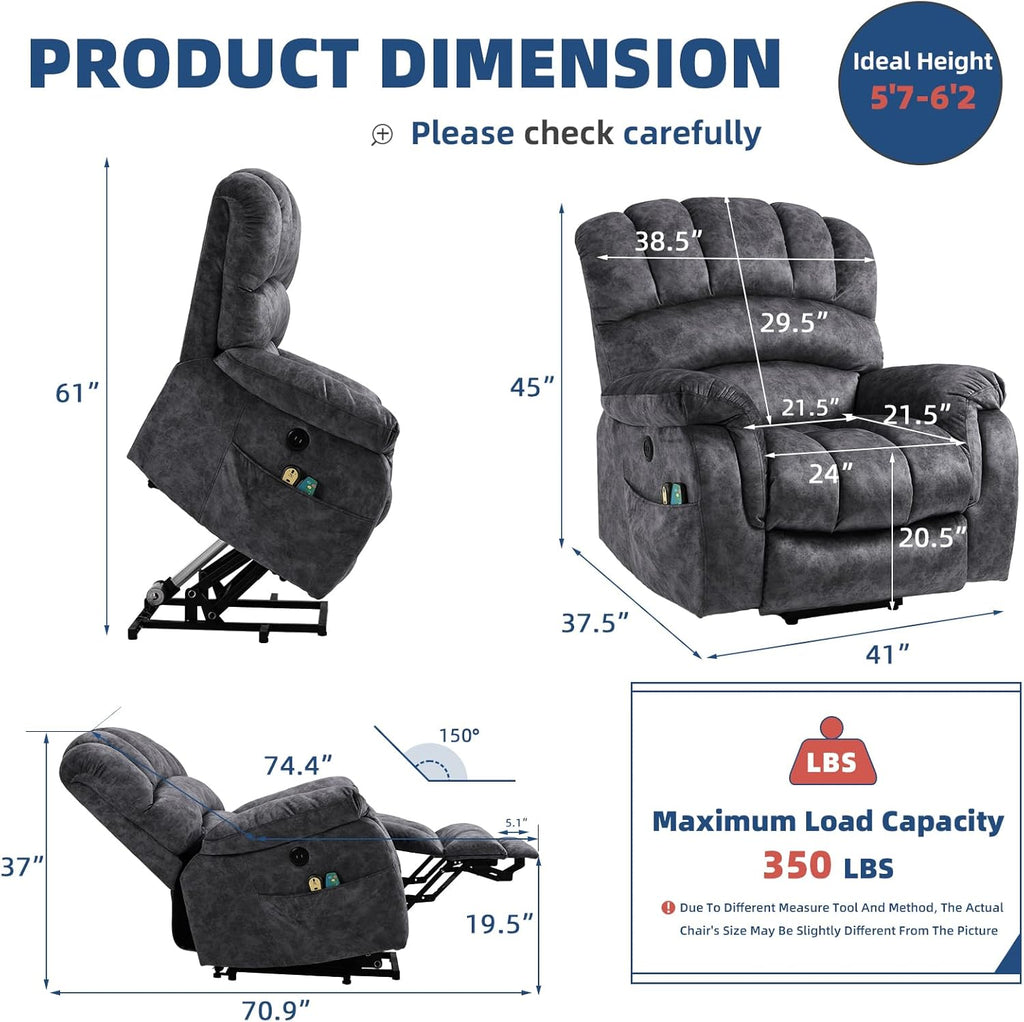 Large Electric Power Lift Recliner Chair with Extended Footrest, Gray O220787