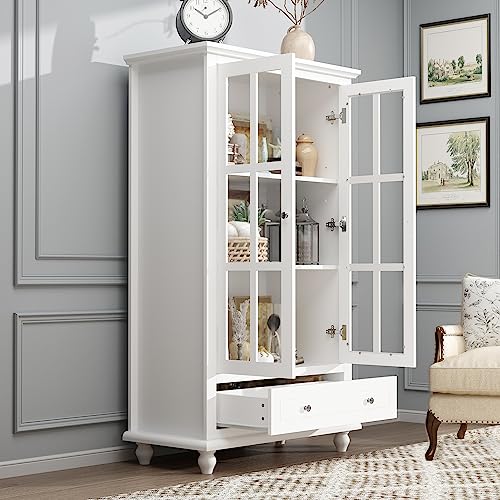 White Tall Bookshelf with Glass Doors, 4-Tier Shelf & 2 Drawers B63073