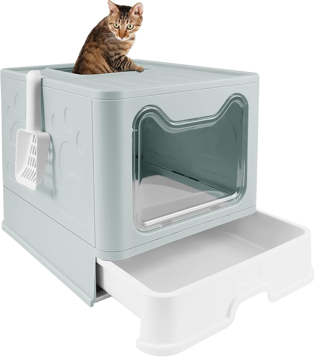 Foldable Cat Litter Box with Lid, Large Cat Litter Pan Drawer Type Enclosed Cat Potty with Cat Litter Scoop V83279
