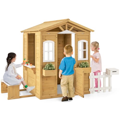 Fir Wood Outdoor Playhouse with Bench, Mailbox, Fence, Windows & Door P625210