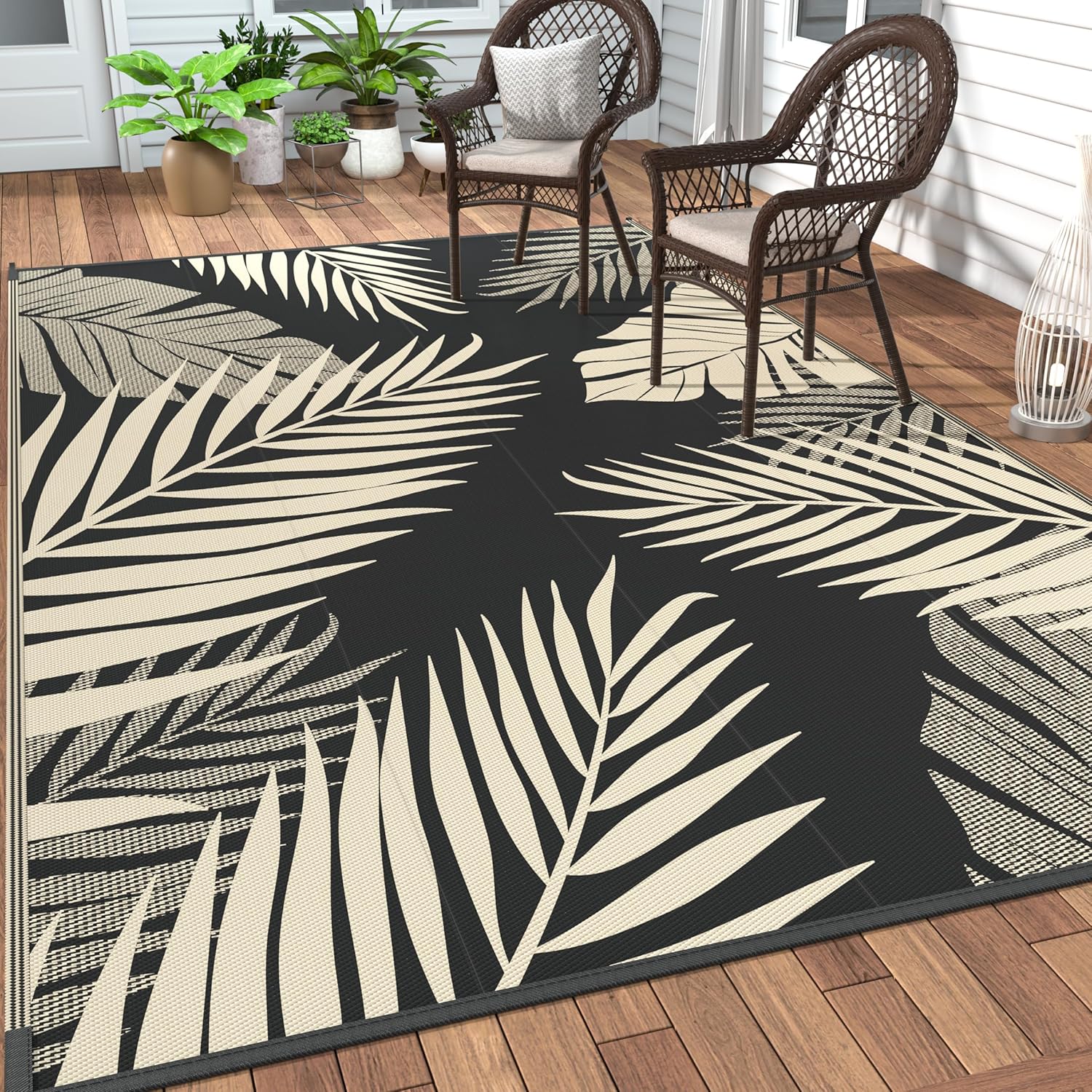9' x 18' Waterproof Reversible Outdoor Rug Black Beige R2779