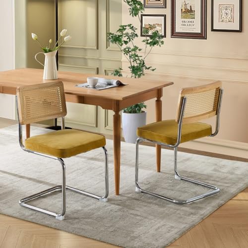 Velvet Dining Chair Set of 2 with Natural Cane Back Chrome Base Green F7456
