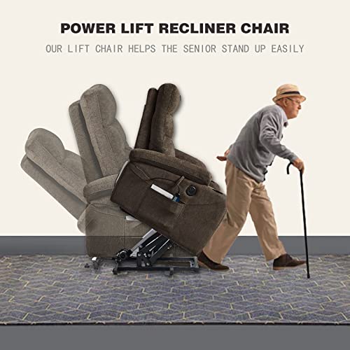 Brown Fabric Power Lift Recliner Chair with Cup Holders S361731
