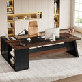 78" L-Shaped Executive Desk with Drawers and Lateral File Cabinet, Walnut & Black I747