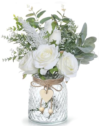 Artificial Flowers with Vase, Silk Hydrangea Flower Bouquet, Faux Flower Arrangement (White) Q44750
