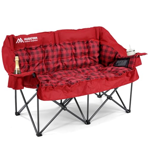 Grey Double Padded Camping Loveseat Chair with Cup Holders and Carry Bag U151647