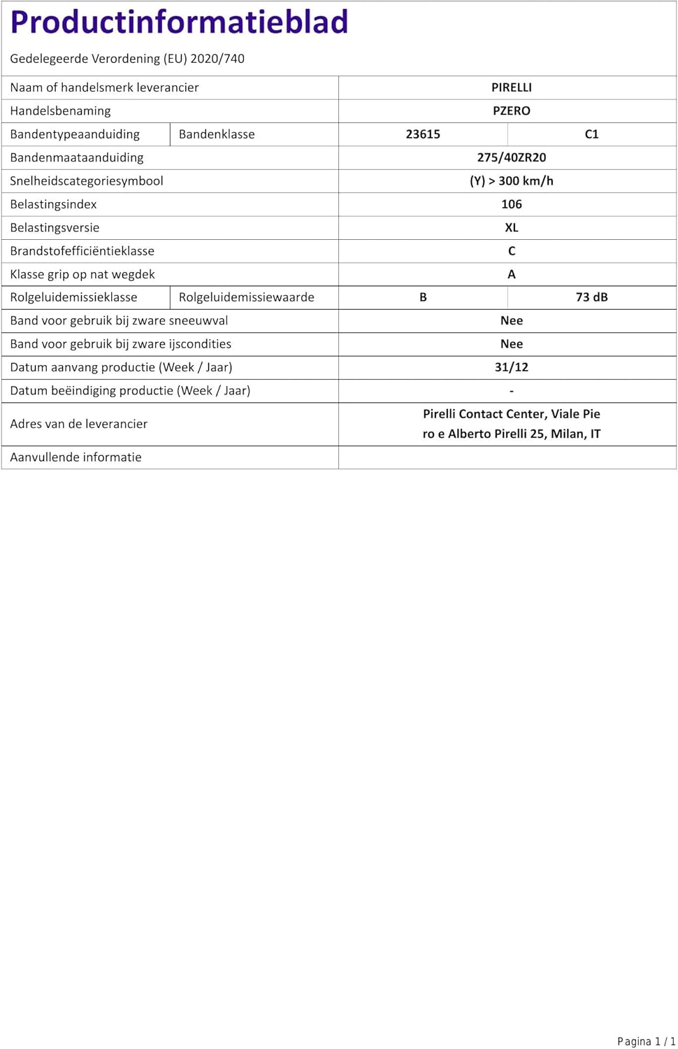 275/40R20 Radial Tire C638178