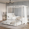 Beige Twin Size 4 Poster Canopy Bed with Upholstery Headboard, Trundle and 3 Drawers I131696