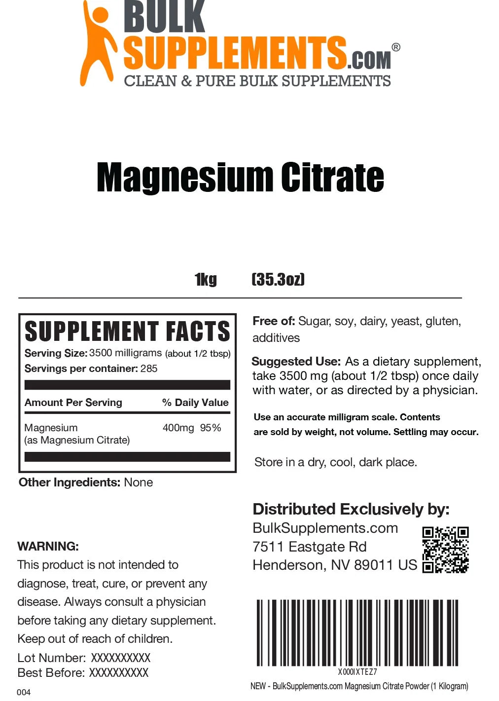 Magnesium Citrate Powder 3500mg Supplement 1kg 285 Servings Q60303