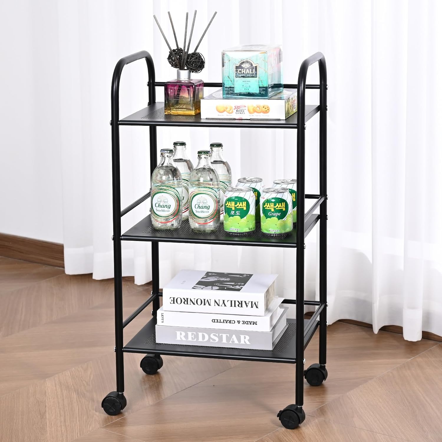 Black 3-Tier Metal Rolling Cart with Lockable Wheels A112473