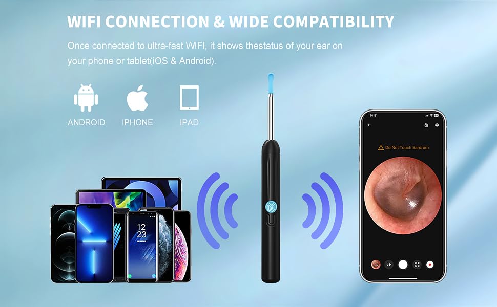 Black Wireless Ear Otoscope with Camera and 8 Pcs Ear Set T4977