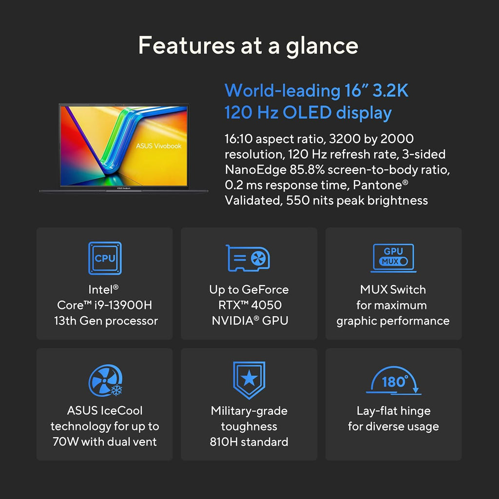 16” 3.2K 120Hz OLED Laptop, Intel Core i9-13900H, RTX 4050, 16GB RAM, 1TB SSD, Windows 11 Home, Indie Black N727634