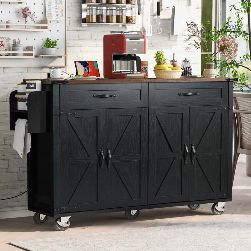 Black Farmhouse Kitchen Island with Power Outlet and Drop Leaf R30551