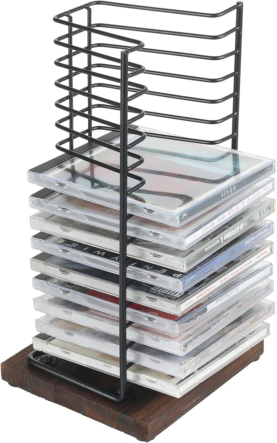 Matte Black Metal Wire Vertical CD Holder with Burnt Wood Base, Holds 15 Jewel Cases T10189