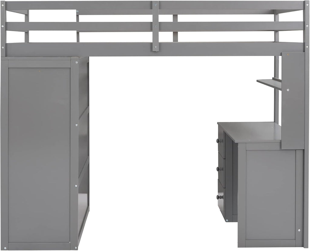Gray Twin Loft Bed with Desk, 3 Drawers, and Wardrobe I899