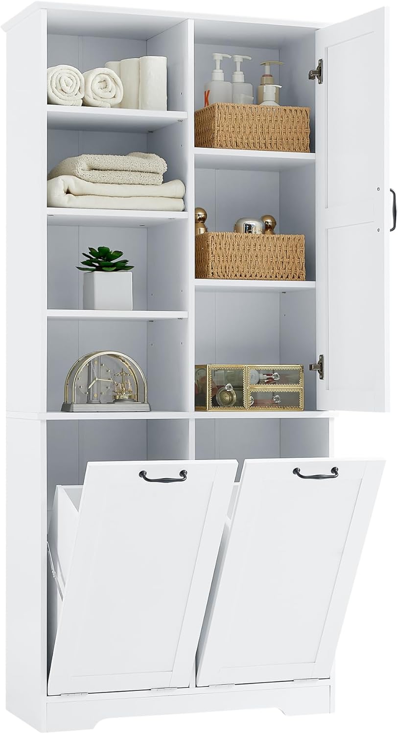 White Tall Bathroom Storage Cabinet with Laundry Hamper G1606