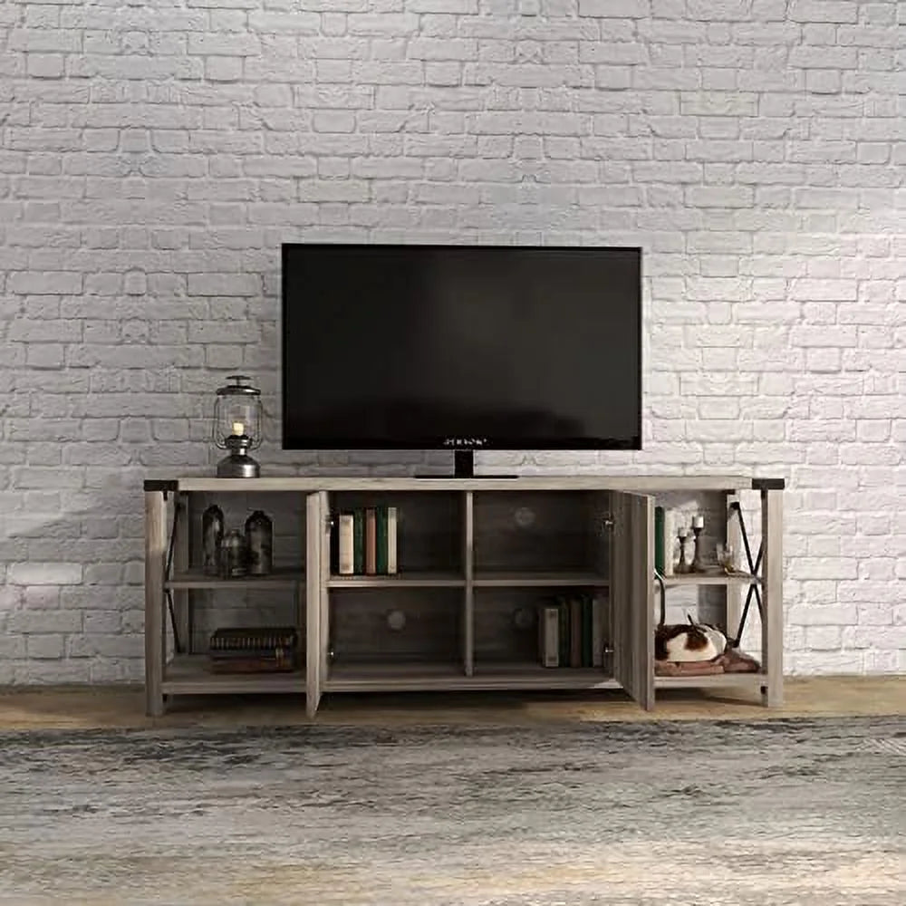 Farmhouse TV Stand Wooden Entertainment Center Console Table with 2 Drawers and 4 Compartment Television Stands with Adjustable Shelves M8600