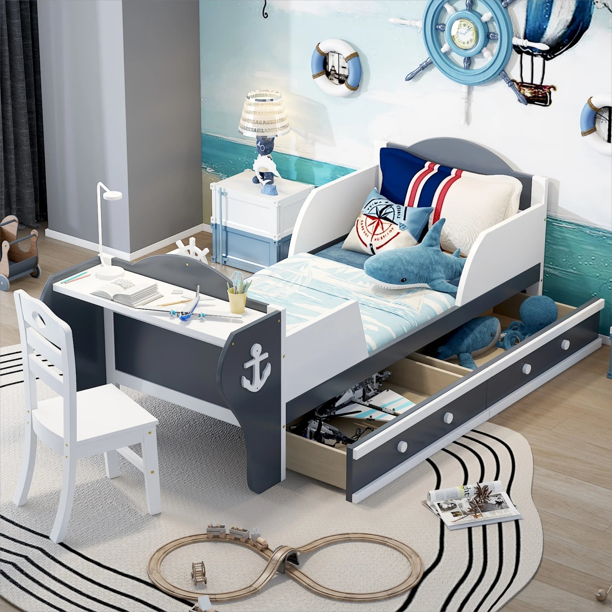 White Gray Twin Size Platform Bed with Two Drawers H973536