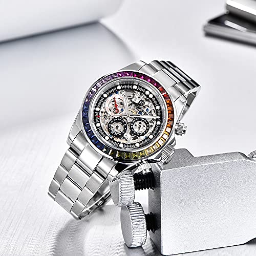 Skeleton Automatic Watch, Diamond Bezel Stainless Steel 100M Waterproof Self Winding Wrist Watch G7528